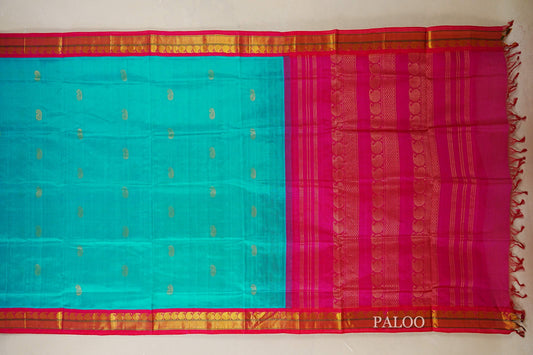 Rama Blue with Rani Pink Borders Silk Cotton Saree paloo