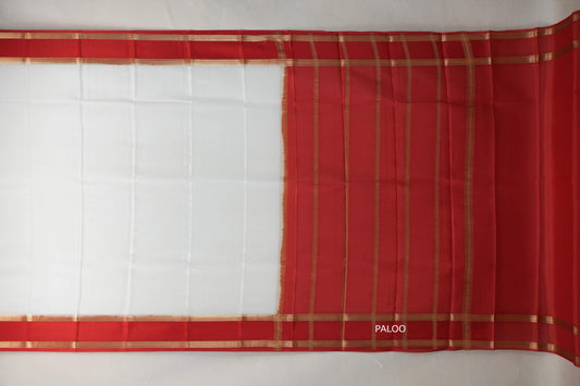 Ivory White with Bright Red Borders Mysore Silk Saree paloo