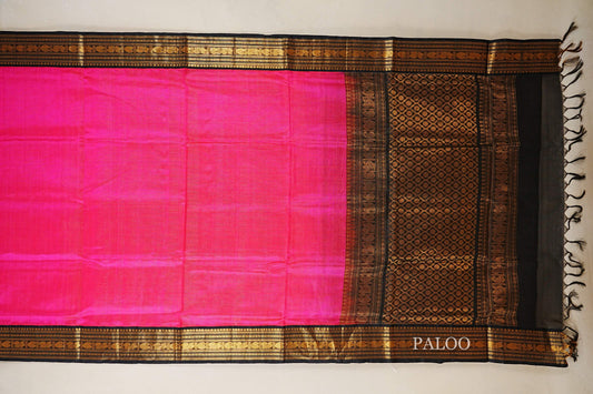 Bright Rani Pink Vaira Oosi Silk Cotton Saree paloo
