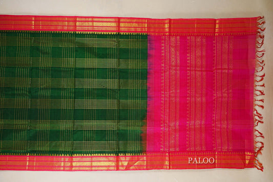 Bottle Green with Rani Pink Borders Silk Cotton Saree paloo
