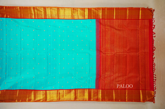 Rama Blue with Red Borders and Mustard Selvedge Vintage Kanjivaram Silk Saree paloo