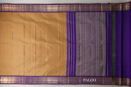 Multicolour Checks with Deep Purple Borders Vintage Heirloom Kanjivaram Silk Saree paloo