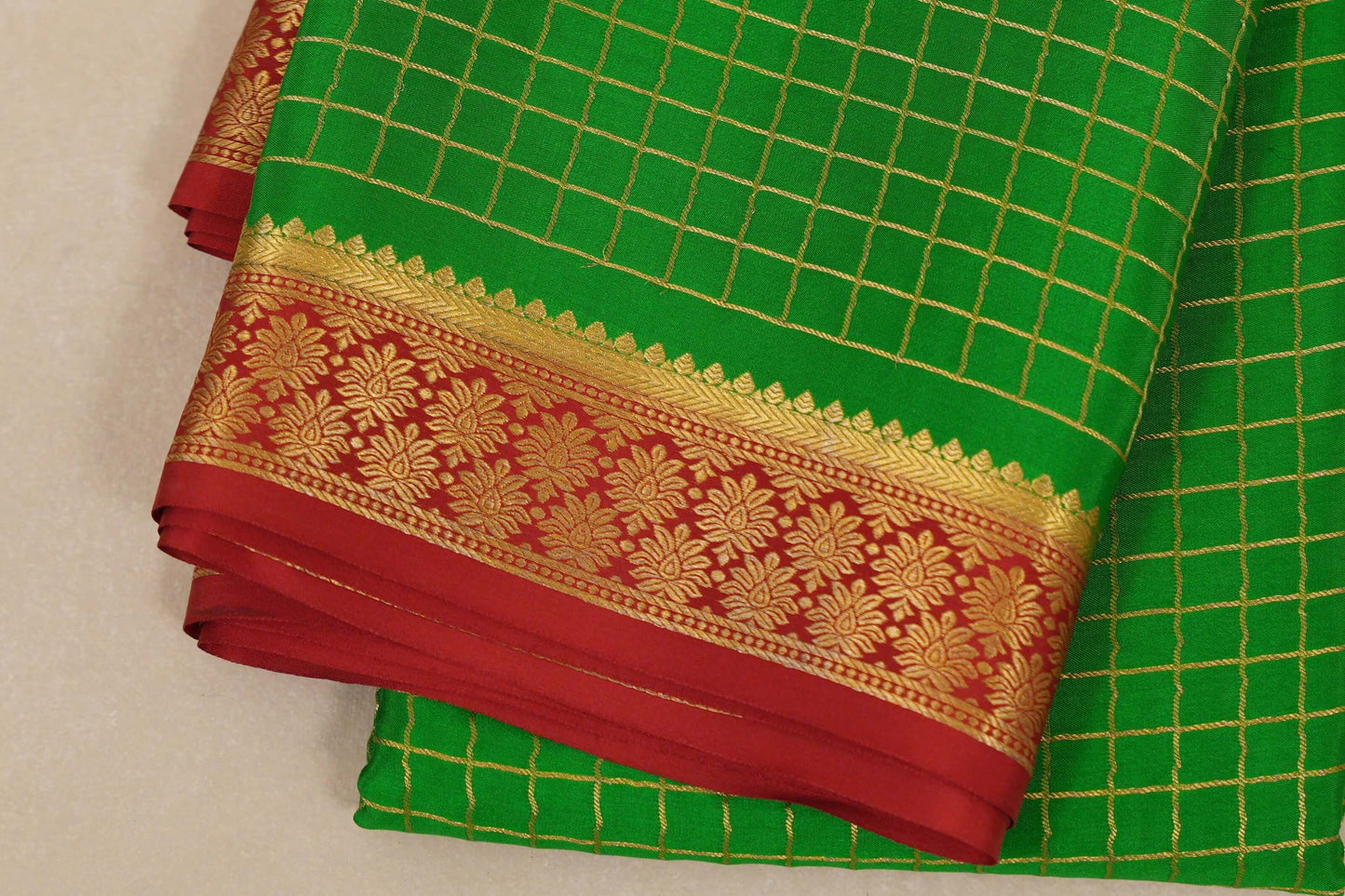 Parrot Green with Red Borders Mysore Silk Saree border zoom