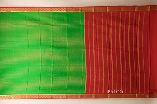 Parrot Green with Red Borders Mysore Silk Saree paloo