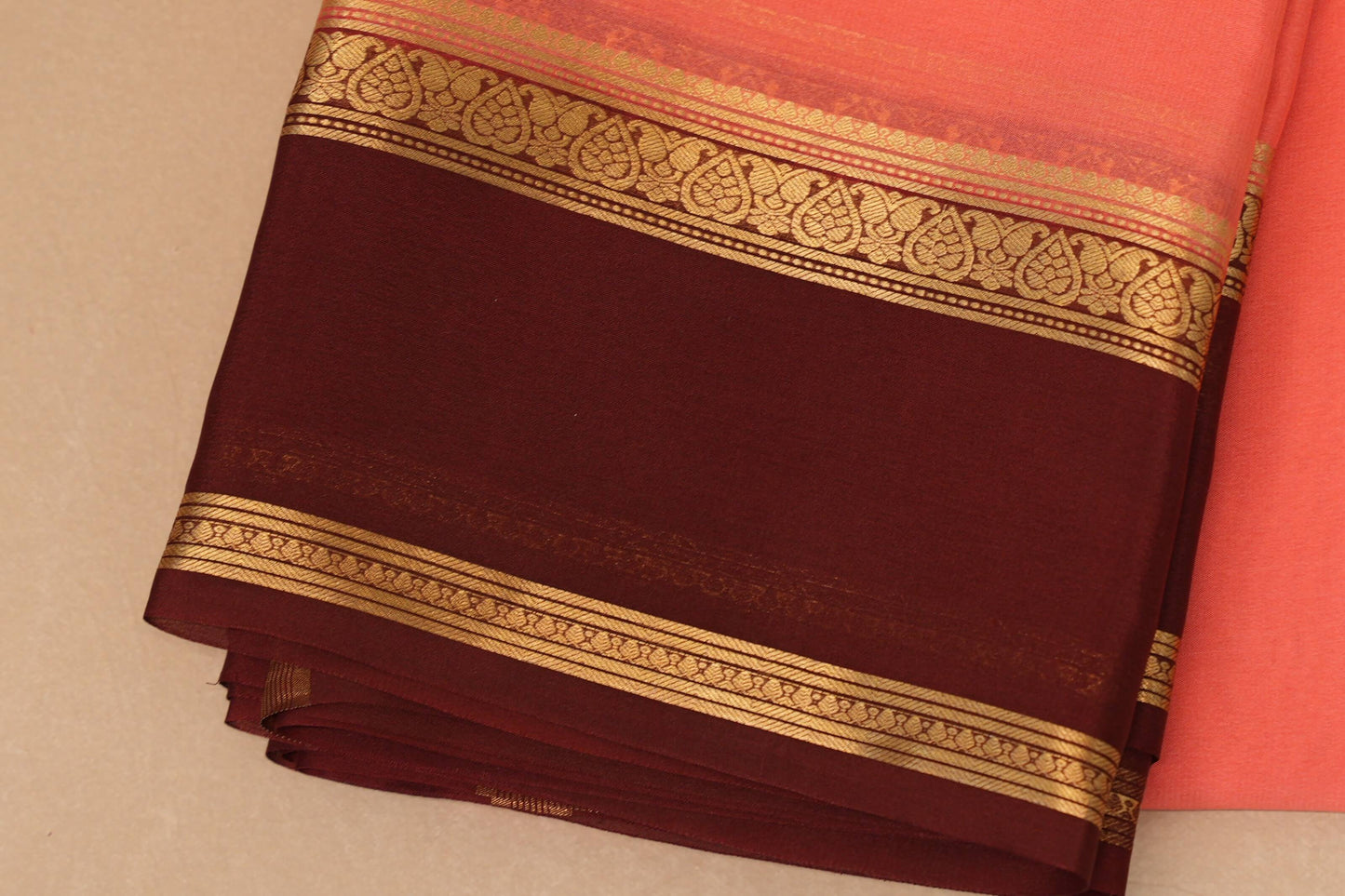 Peach Pink with Deep Maroon Borders Mysore Silk Saree border zoom