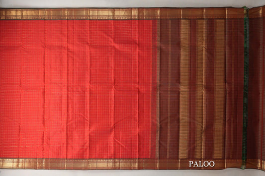 Tomato Red with Dual Tone of Green & Red Borders Vintage Kanjivaram Silk Saree paloo