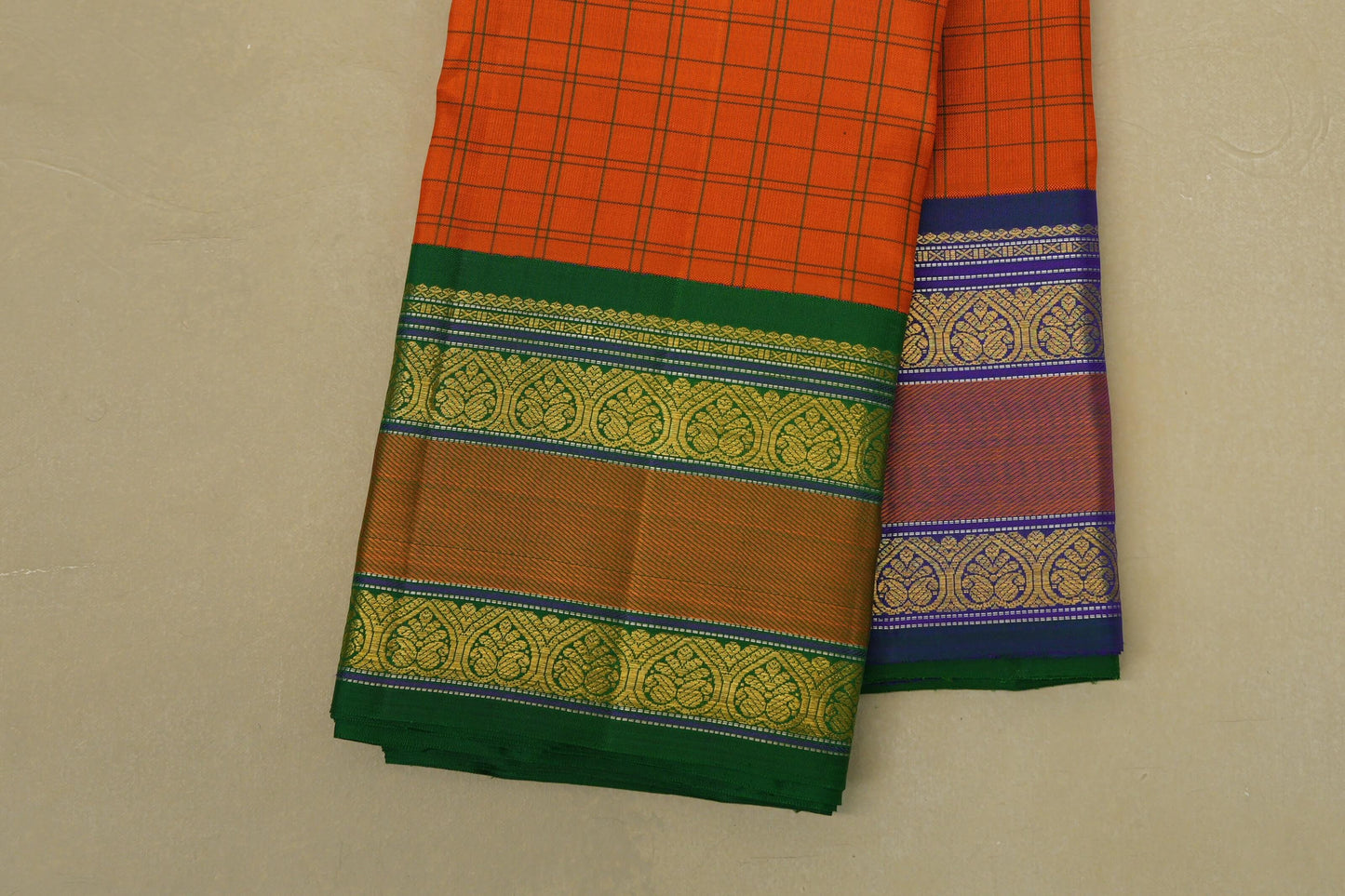 Bright Orange Heirloom Kanjivaram Silk Saree border zoom