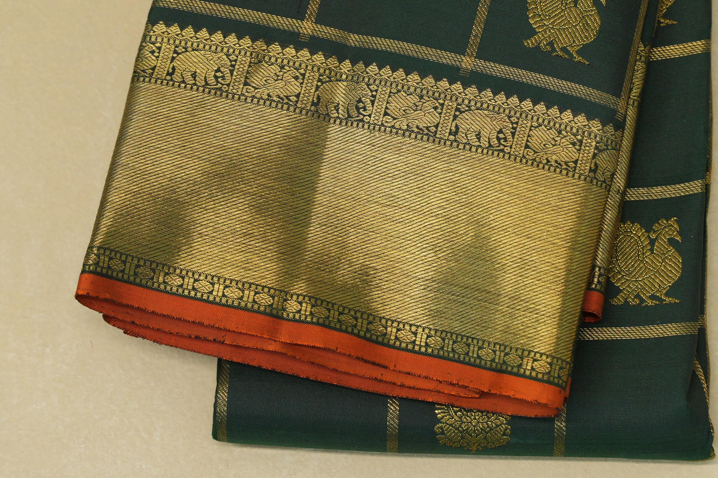 Deep Bottle Green with Orange Selvedge Borders Heirloom Kanjivaram Silk Saree by Shreenivas Silks PSSR018636