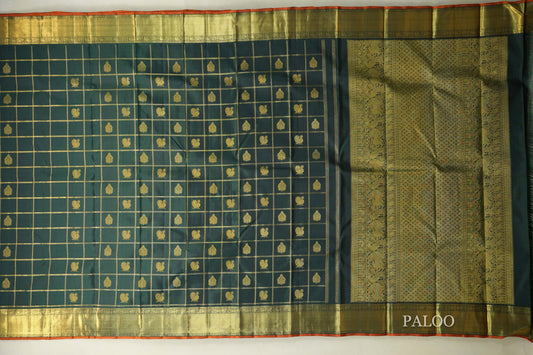 Deep Bottle Green with Orange Selvedge Borders Heirloom Kanjivaram Silk Saree by Shreenivas Silks PSSR018636