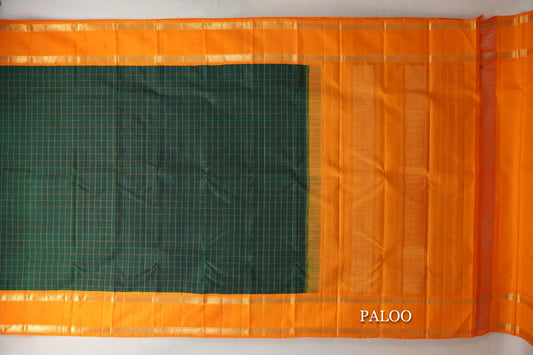 Deep Bottle Green with Mango Orange Borders Vintage Kanjivaram Silk Saree paloo
