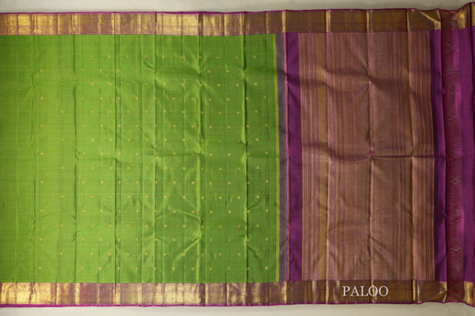 Parrot Green zari checks Heirloom Kanjivaram Silk Saree paloo