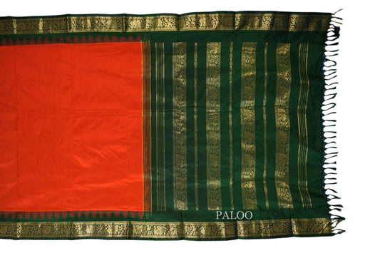 Deep orange with Dark green Borders Ten yards silk saree paloo