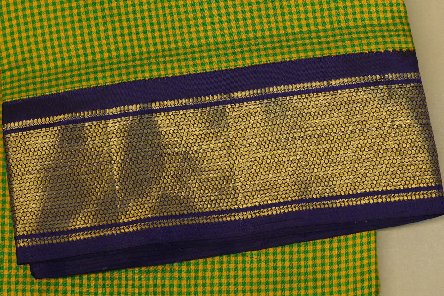 Yellow with Green Checks Ten yards silk saree border zoom