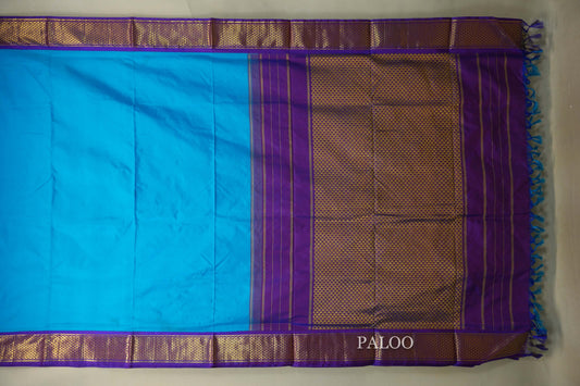 Azure Blue with Violet Borders Ten yards silk Saree paloo