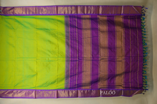 Bright Parrot Green with Purple Borders Ten Yards Silk Saree paloo