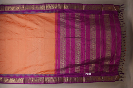 Deep saffron with magenta borders Ten yards silk saree paloo