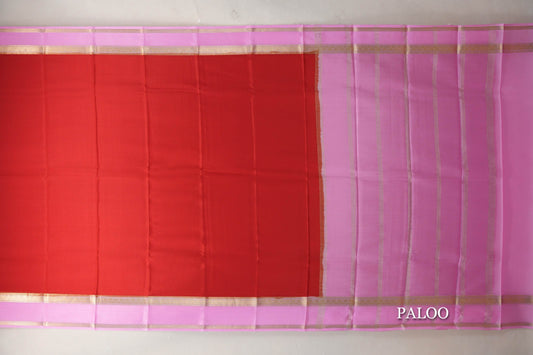 Bright Red with Pink Borders Mysore Silk Saree ploo