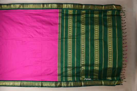 Dark Magenta with bottle green Borders Ten Yards Silk Saree paloo