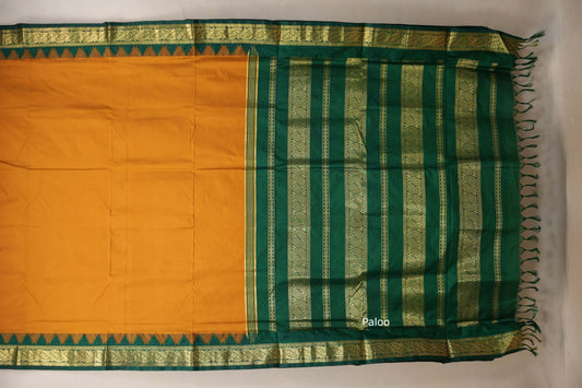 Mustard with Bottle Green borders Ten yards silk saree paloo