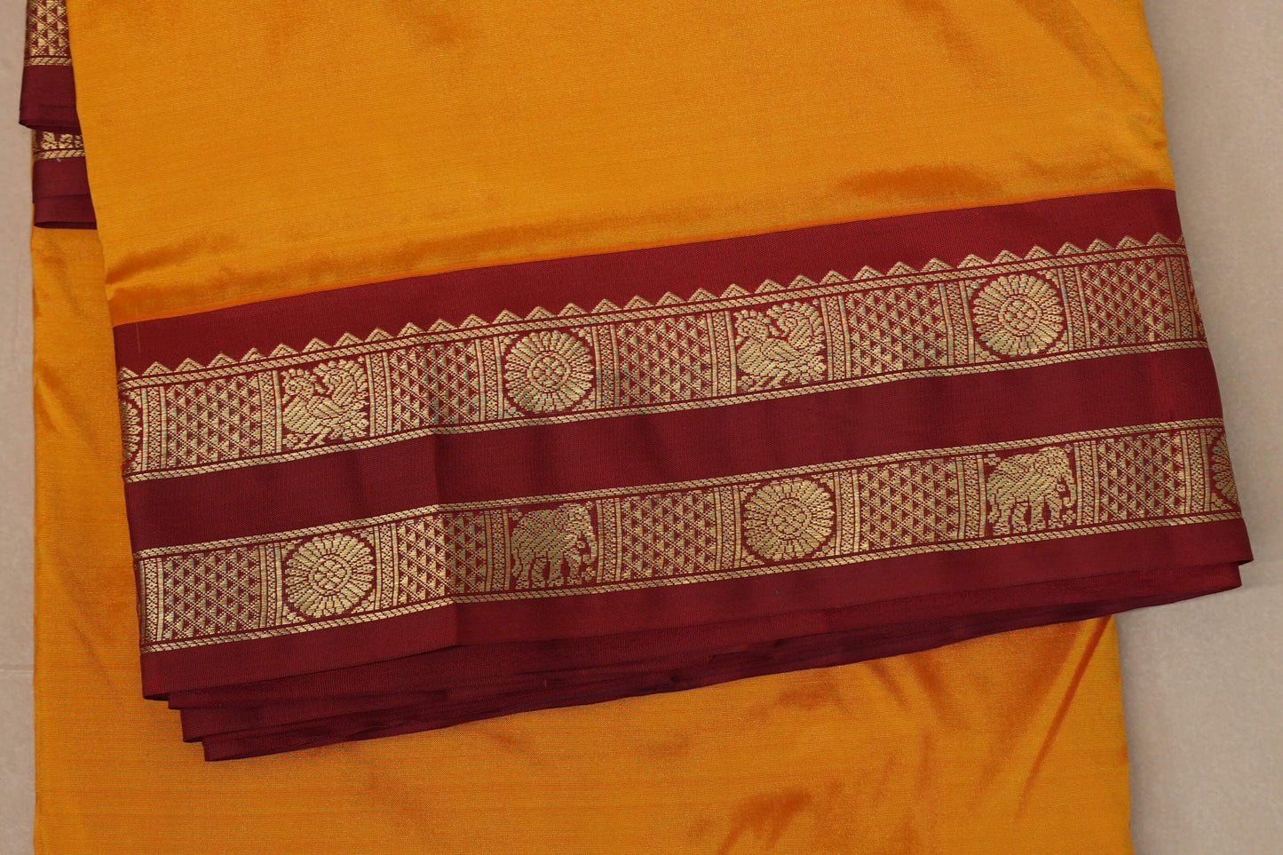Mango yellow with maroon borders Ten Yards Silk Saree borders