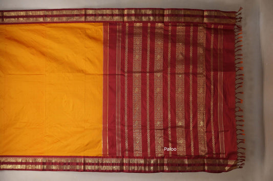 Mango yellow with maroon borders Ten Yards Silk Saree paloo