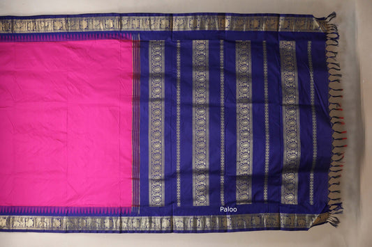 Rani pink with Deep Blue borders Ten yards silk saree