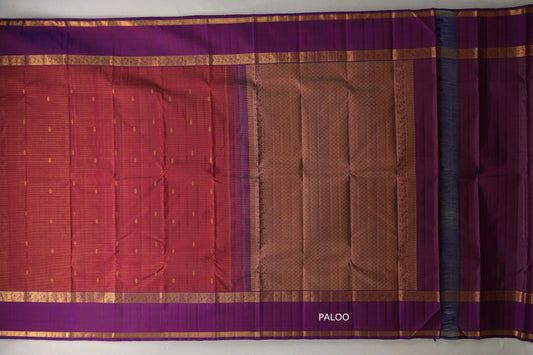 Deep Maroon with Dual Tone of Violet & Maroon Rettai Pettu Borders Vintage Kanjivaram Silk Saree paloo