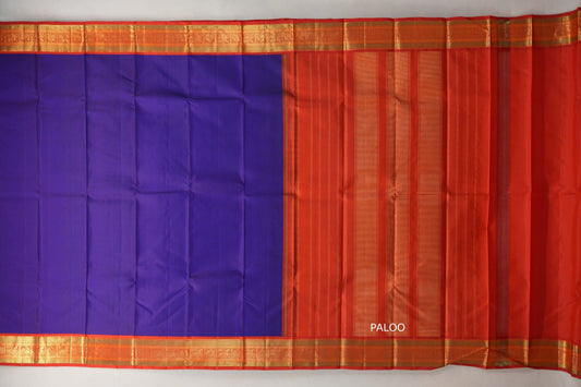 Deep Blue with Deep Orange Borders Vintage Kanjivaram Silk Saree paloo