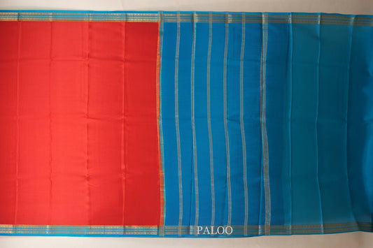 Red with Rama Blue Borders Mysore Silk Saree paloo