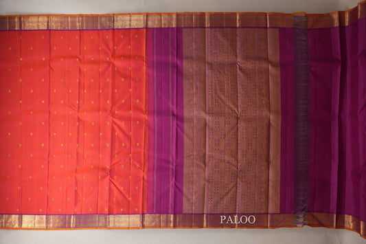 Orangish Pink with Dark Magenta Borders and Mustard Orange Selvedge Vintage Kanjivaram Silk Saree by Shreenivas Silks PSSR018703