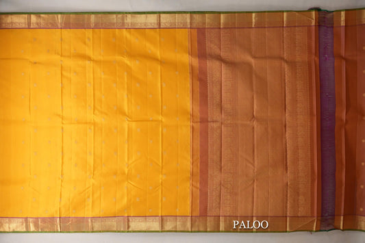 Yellow with Pink with Green Selvedge Borders Vintage Kanjivaram Silk Saree paloo