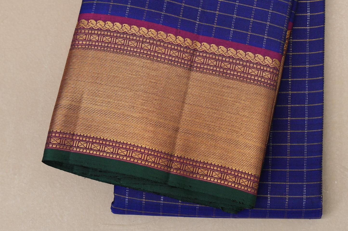 Deep Blue with Magenta Borders and Green Selvedge Zari Checks Vintage Kanjivaram Silk Saree by Shreenivas Silks PSSR018705
