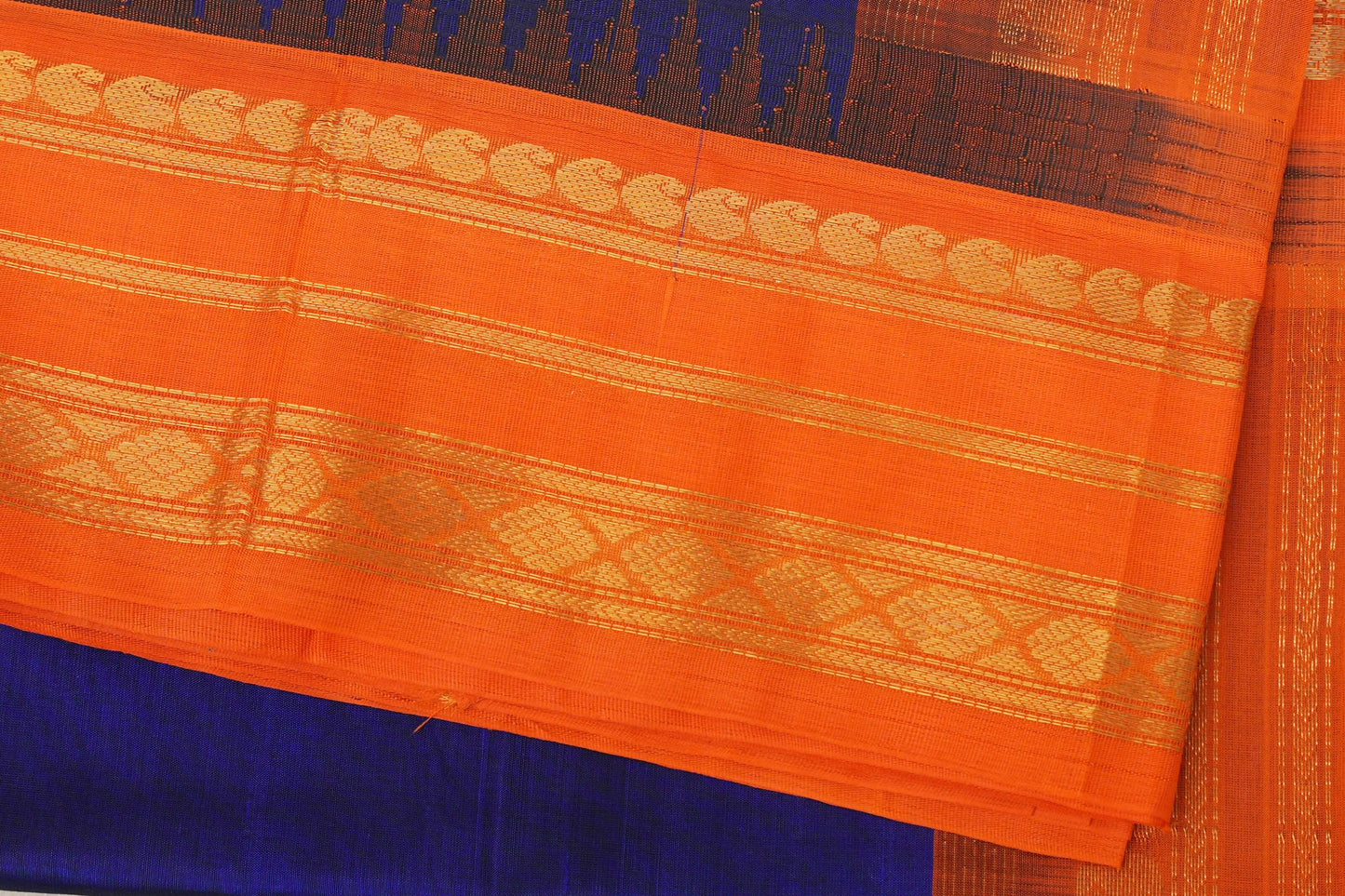 Royal Blue with Bright Orange Borders Silk Cotton Saree border zoom
