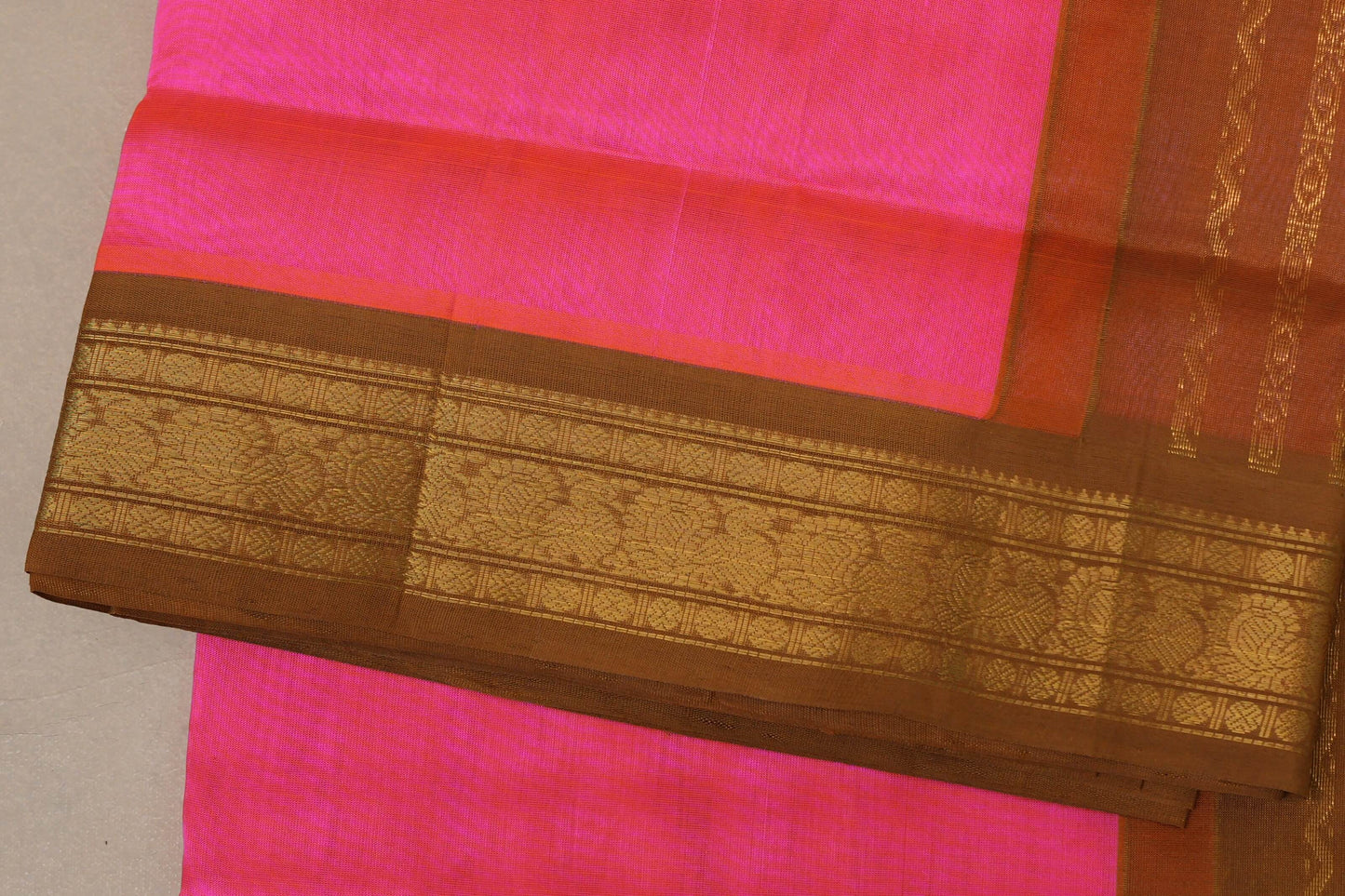 Bright Orangish Pink Silk Cotton Saree border