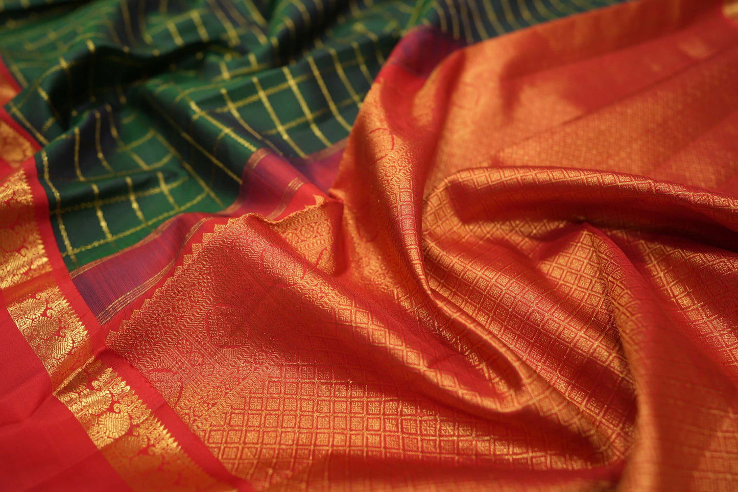 Dark Bottle Green with Red Borders Vintage Kanjivaram Silk Saree by Shreenivas Silks PSSR018712