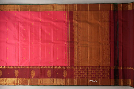 Orangish Pink with Deep Maroon with Dark Green Selvedge Borders Vintage Kanjivaram Silk Saree paloo