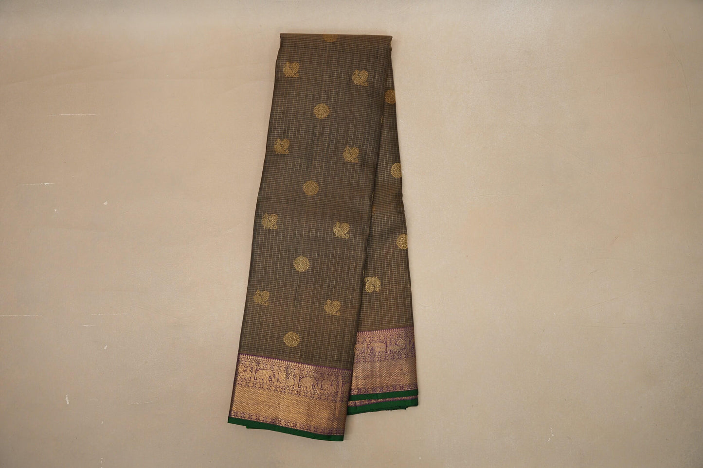 Olive green with Deep magenta Borders Heirloom Kanjivaram Silk Saree by Shreenivas Silks PSSR018755 - Parisera