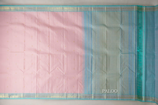 Baby pink with Light Sky Blue borders Vintage Kanjivaram Silk Saree by Shreenivas Silks paloo