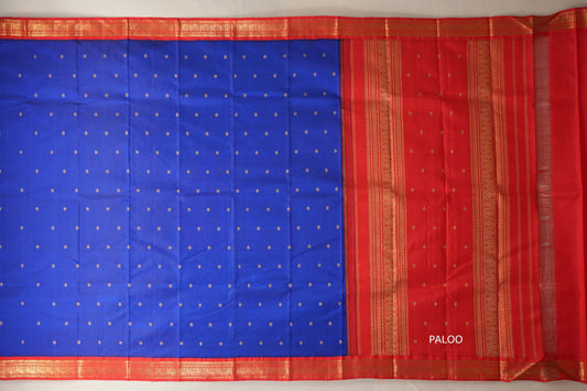 Royal blue with Tomato Red border Heirloom Kanjivaram Silk Saree by Shreenivas Silks