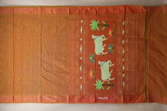 Dual Tone Red and parrot Green Paithani Cotton Saree by Shreenivas Silks paloo