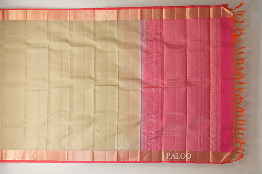 Dark beige with Orangish pink Borders Light Weight Kanjivaram Silk Saree by Shreenivas Silks PSSR018780 - Parisera