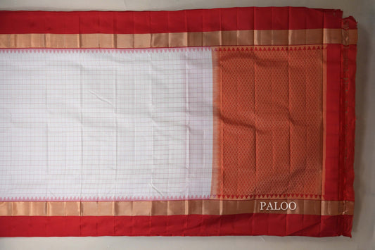 White with Tomato Red Borders Light Weight Kanjivaram Silk Saree by Shreenivas Silks PSSR018788 - Parisera