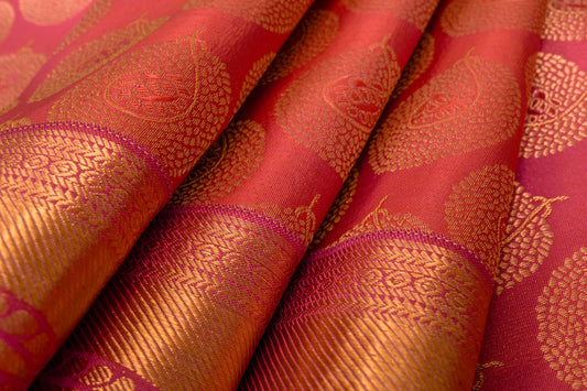 Reddish Pink Kanjivaram Wedding Silk Saree by Tharakaram