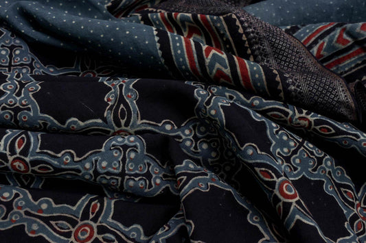 Black Ajrakh Printed Cotton Saree with Blue Blouse & Paloo by Chakor PSCK260200 - Parisera
