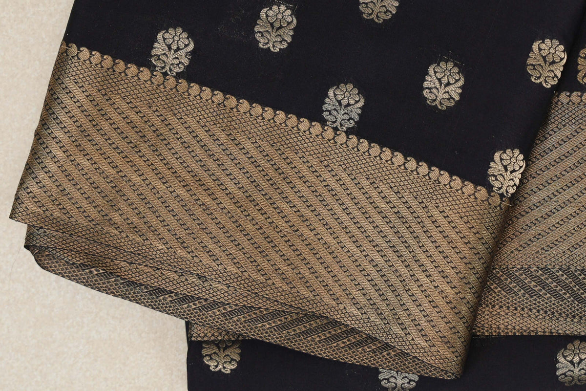 Jet Black Mysore Silk Saree border zoom