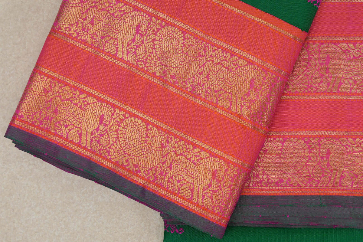 Emerald Green with Dual Tone of Orange and Pink Rettai Pettu Borders with Green Selvedge Vintage Kanjivaram Silk Saree by Shreenivas Silks PSSR0110373