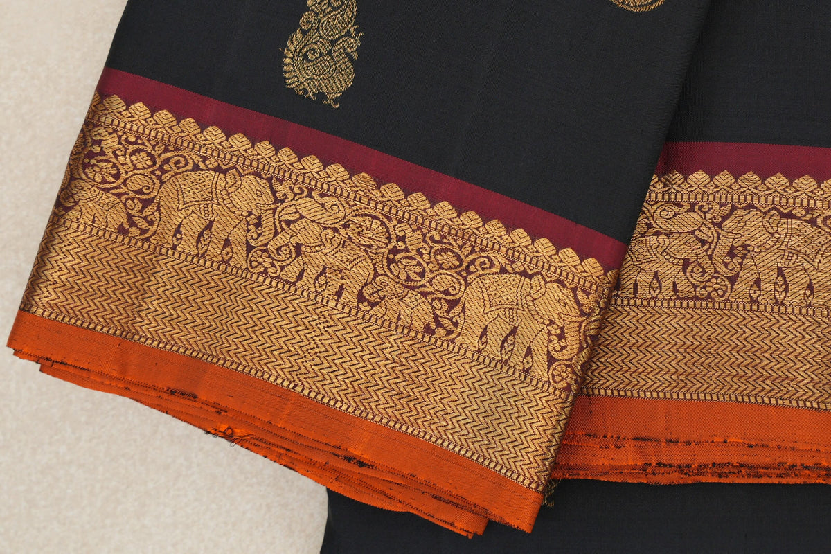 Black with Deep Maroon with Deep Orange Selvedge Borders Vintage Kanjivaram Silk Saree by Shreenivas Silks PSSR0110380