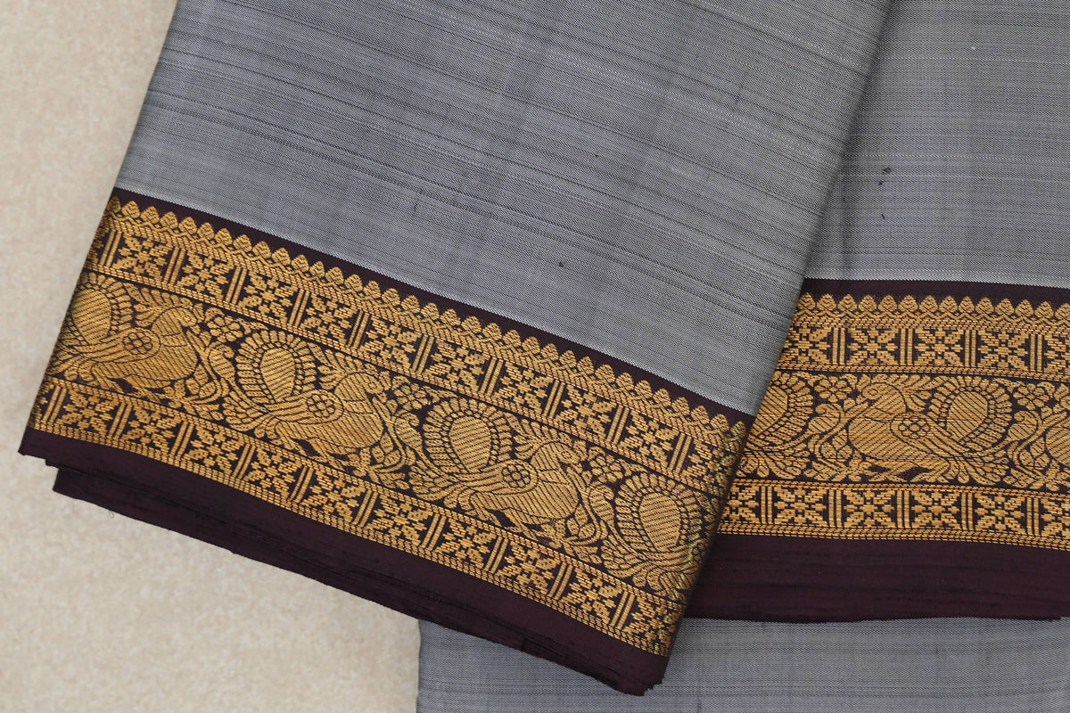 Silver Grey with Dark Plum Borders Vintage Kanjivaram Silk Saree by Shreenivas Silks PSSR0110381