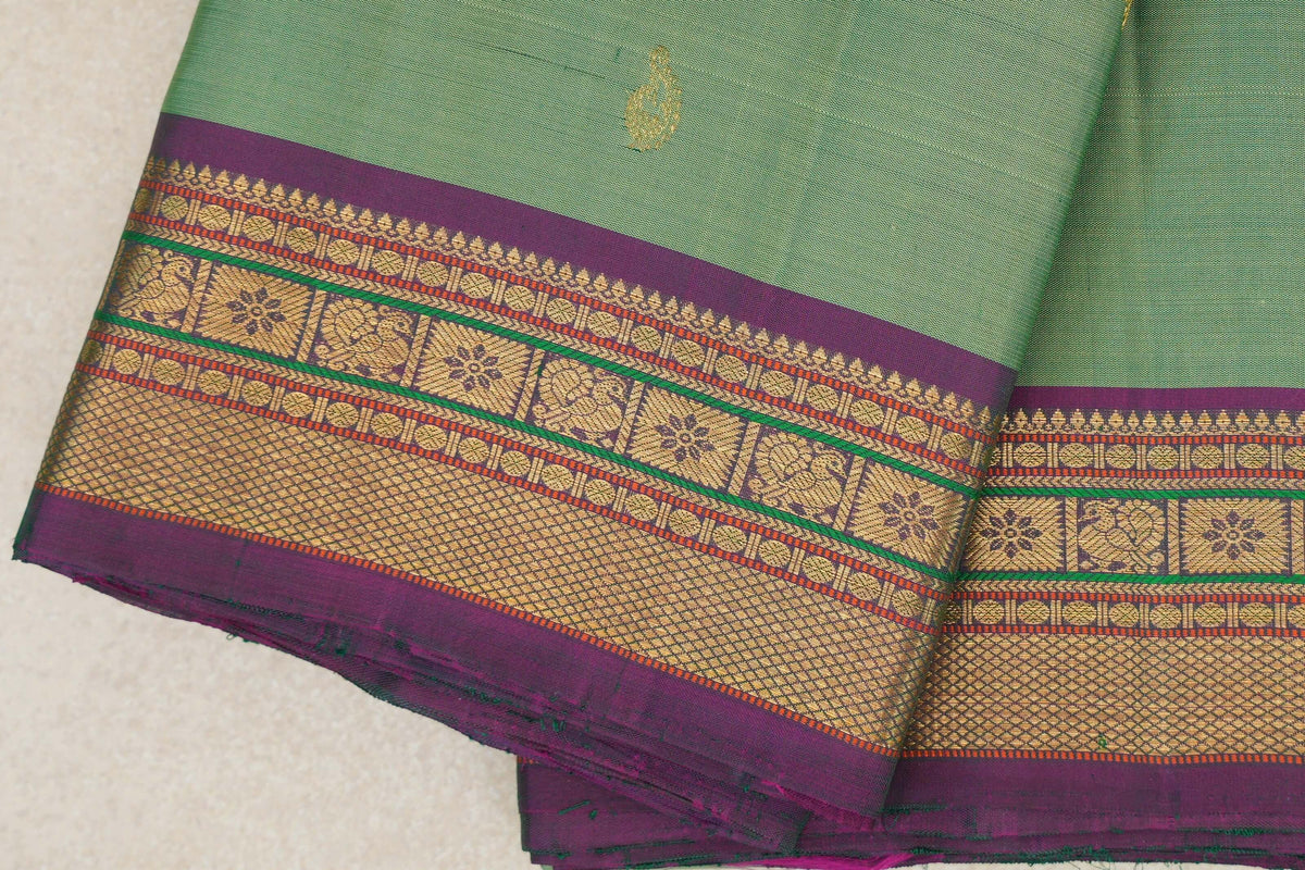 Pastel Green with Dual Tone of Bottle Green and Magenta Borders Vintage Kanjivaram Silk Saree by Shreenivas Silks PSSR0110382