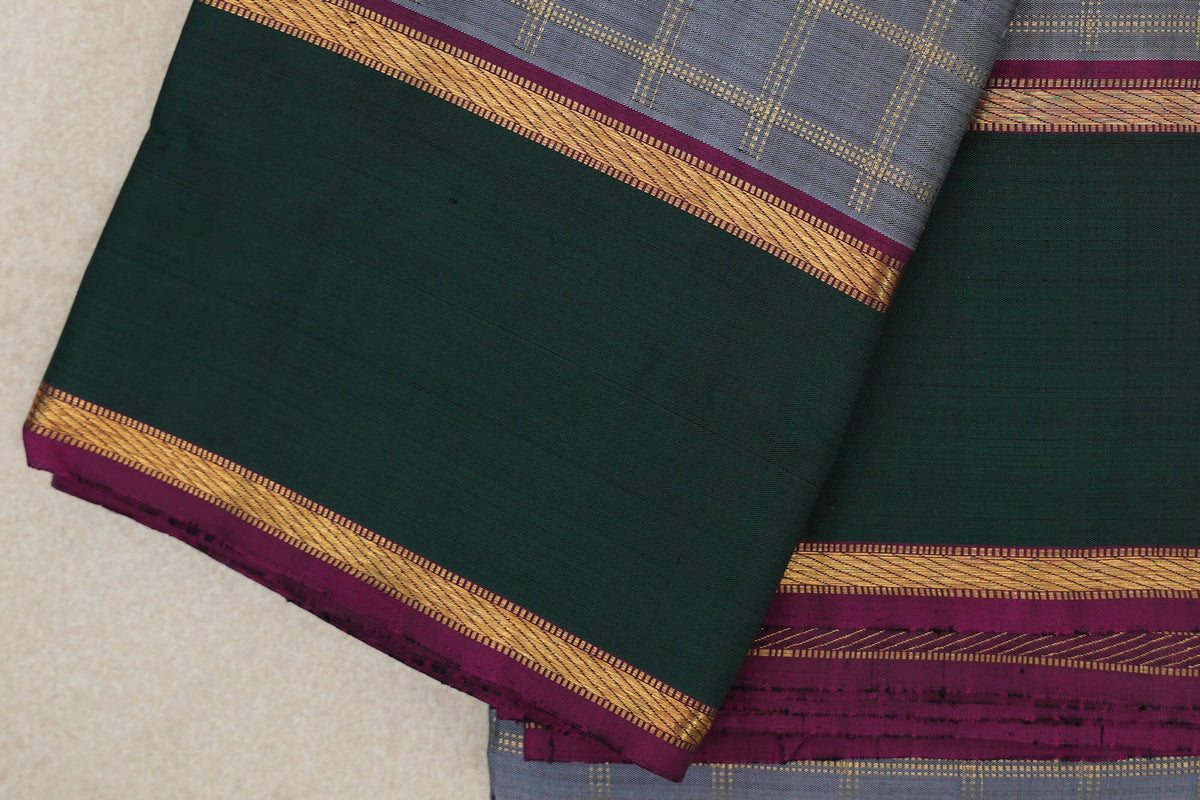 Silver Grey with Deep Magenta and Bottle Green Borders Vintage Kanjivaram Silk Saree by Shreenivas Silks border